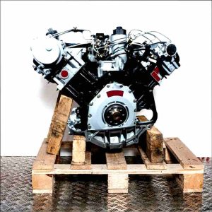 BAU engine on a wooden pallet against a white background. The black and silver V-engine displays hoses, cables, and a flywheel.